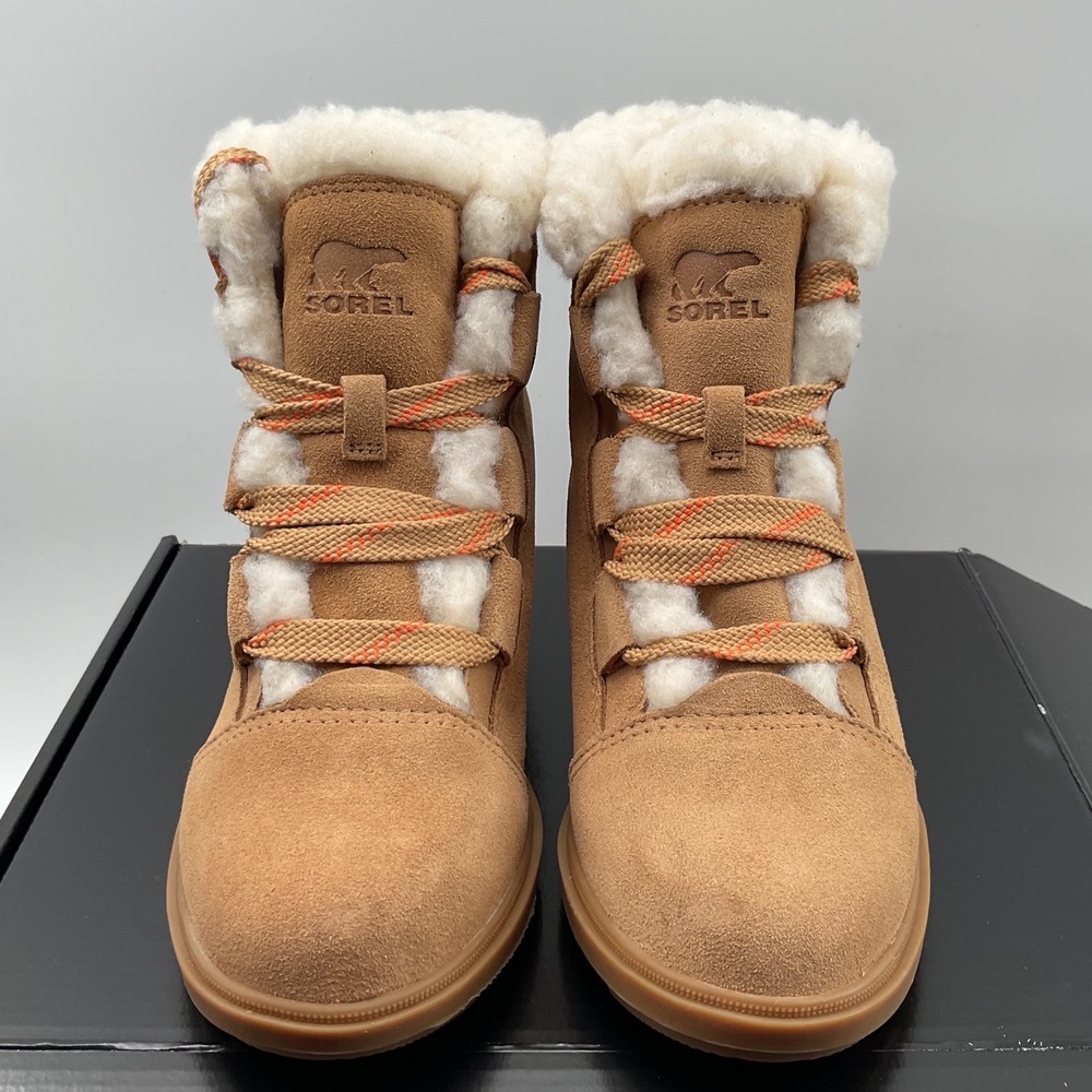 Sorel Evie II Cozy Waterproof Suede Wedge Boots Elk Brown NL5021-253 Womens 5.5